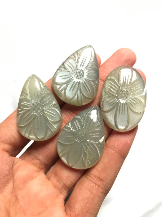 Grey Moonstone Carved Cabochon 4 Piece Size 37-35 MM Approx