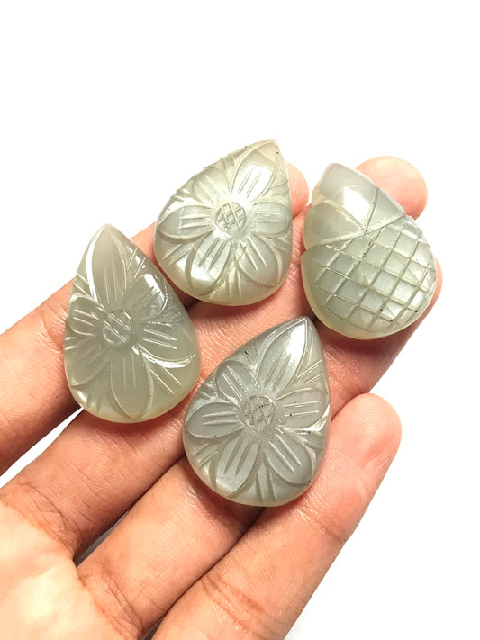 Grey Moonstone Carved Cabochon 4 Piece Size 34-30 MM Approx