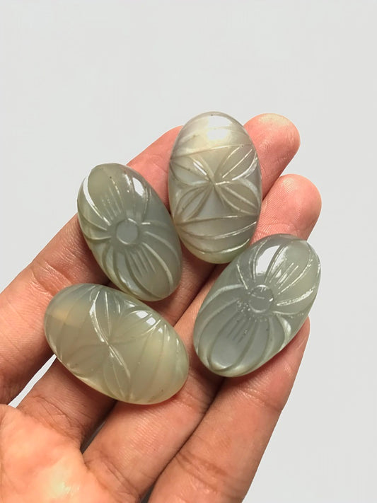 Grey Moonstone Carved Cabochon 4 Piece Size 34-33 MM Approx