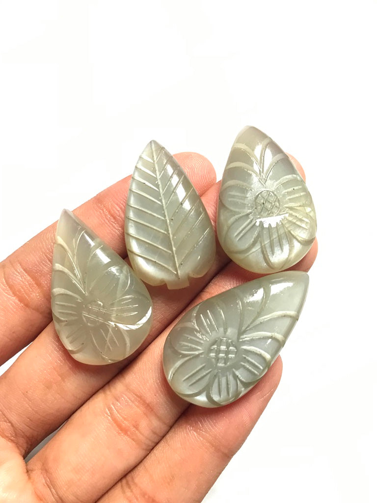 Grey Moonstone Carved Cabochon 4 Piece Size 34-30 MM Approx