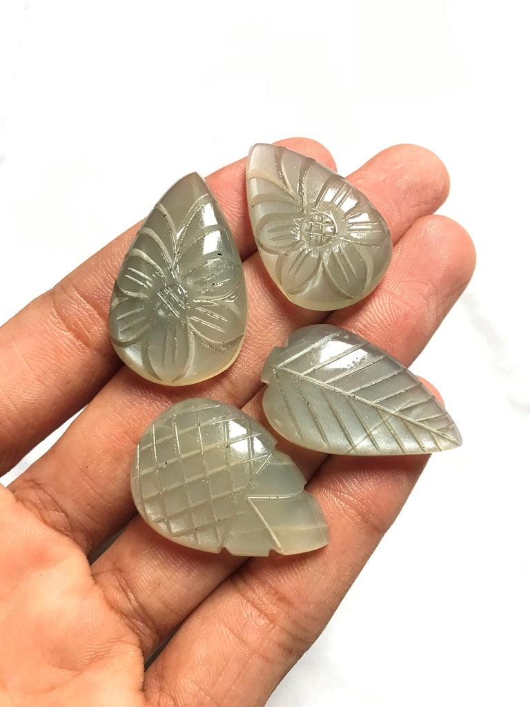 Grey Moonstone Carved Cabochon 4 Piece Size 33-30 MM Approx