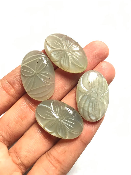 Grey Moonstone Carved Cabochon 4 Piece Size 30-27 MM Approx