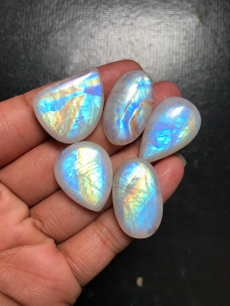 Rainbow Moonstone Cabochon 5 Piece Size 28-24 MM Approx