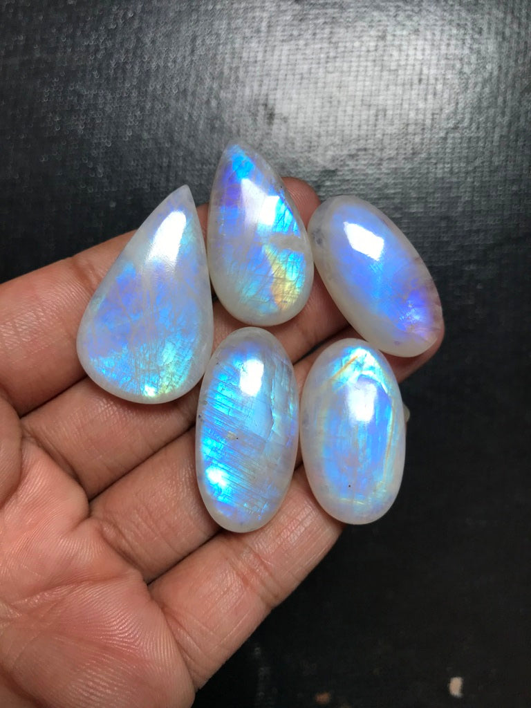 Rainbow Moonstone Cabochon 5 Piece Size 36-30 MM Approx